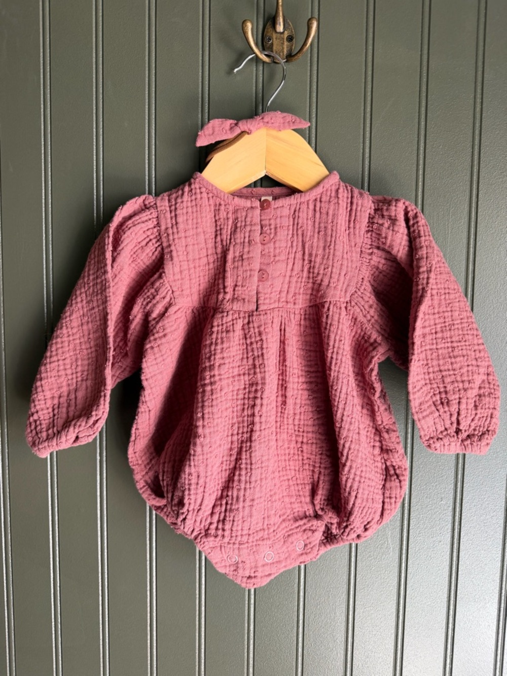Rylee + Cru Baby Girls' Long-Sleeve Romper in Dusty Rose with matching headband